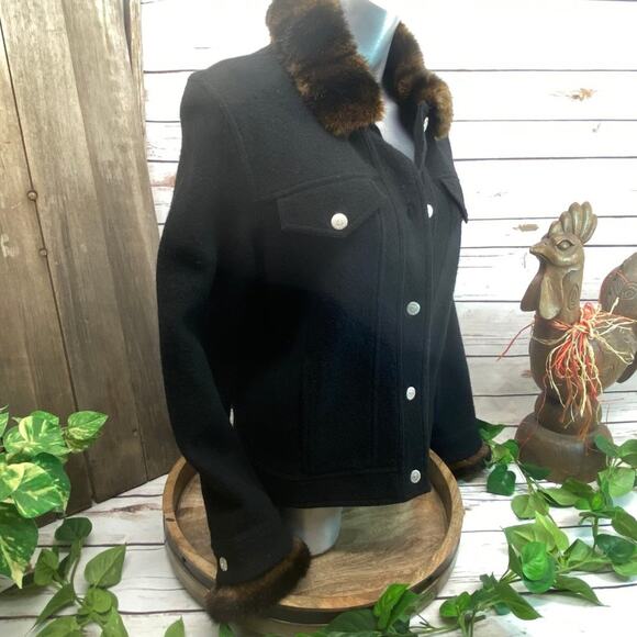 Real Clothes Black Wool Peacoat Jacket Faux Fur Warm Winter Coat M - Picture 3 of 12